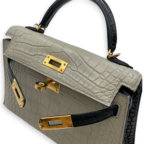 HSS Sellier Kelly 20 Gris Perle/Noir in Matte Alligator Gold hardware