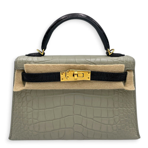 HSS Sellier Kelly 20 Gris Perle/Noir in Matte Alligator Gold hardware