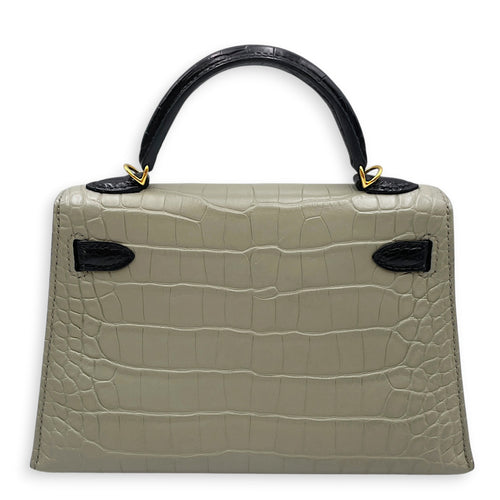 HSS Sellier Kelly 20 Gris Perle/Noir in Matte Alligator Gold hardware