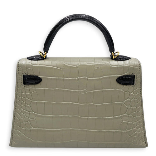 HSS Sellier Kelly 20 Gris Perle/Noir in Matte Alligator Gold hardware