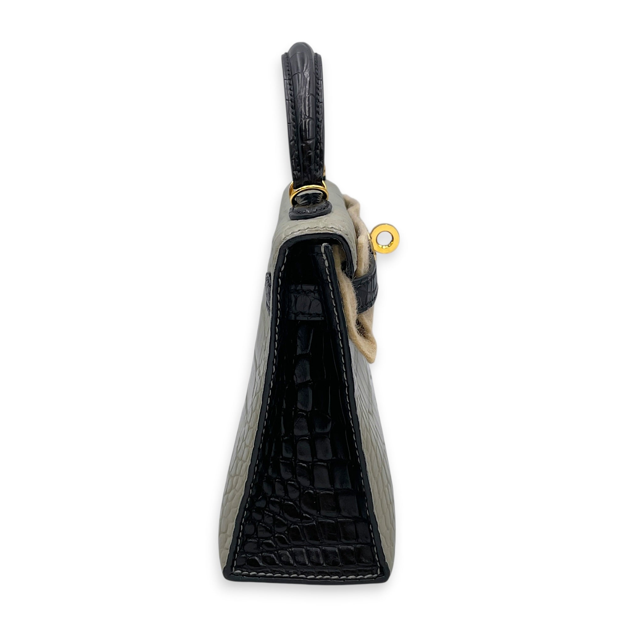 HSS Sellier Kelly 20 Gris Perle/Noir in Matte Alligator Gold hardware