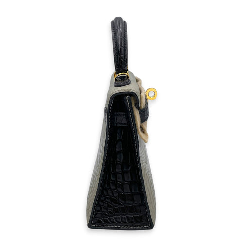 HSS Sellier Kelly 20 Gris Perle/Noir in Matte Alligator Gold hardware