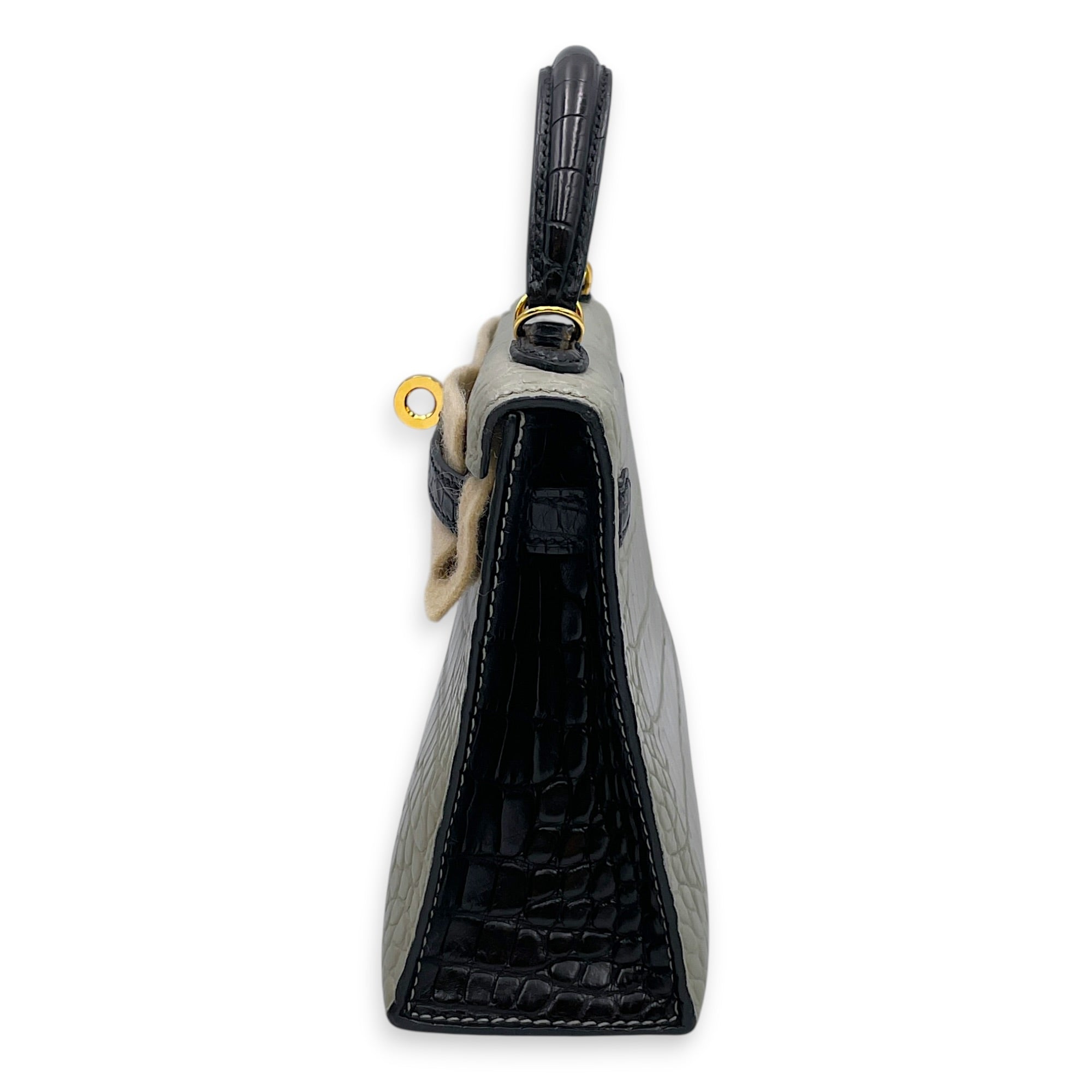 HSS Sellier Kelly 20 Gris Perle/Noir in Matte Alligator Gold hardware