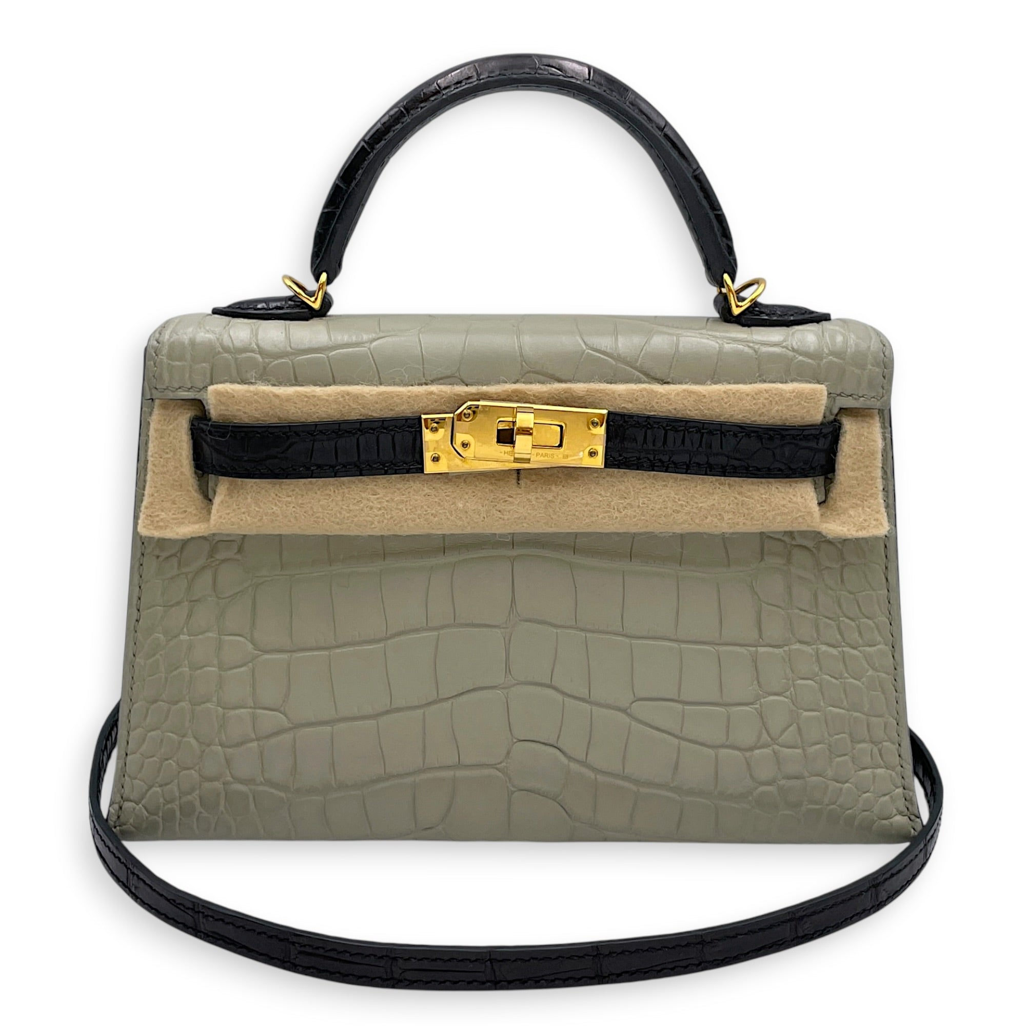 HSS Sellier Kelly 20 Gris Perle/Noir in Matte Alligator Gold hardware