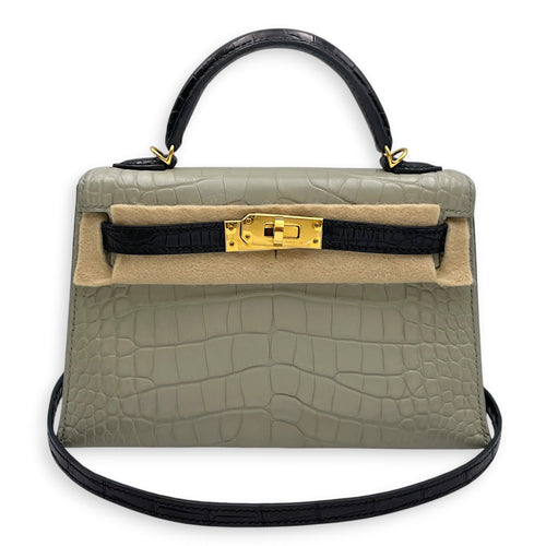HSS Sellier Kelly 20 Gris Perle/Noir in Matte Alligator Gold hardware
