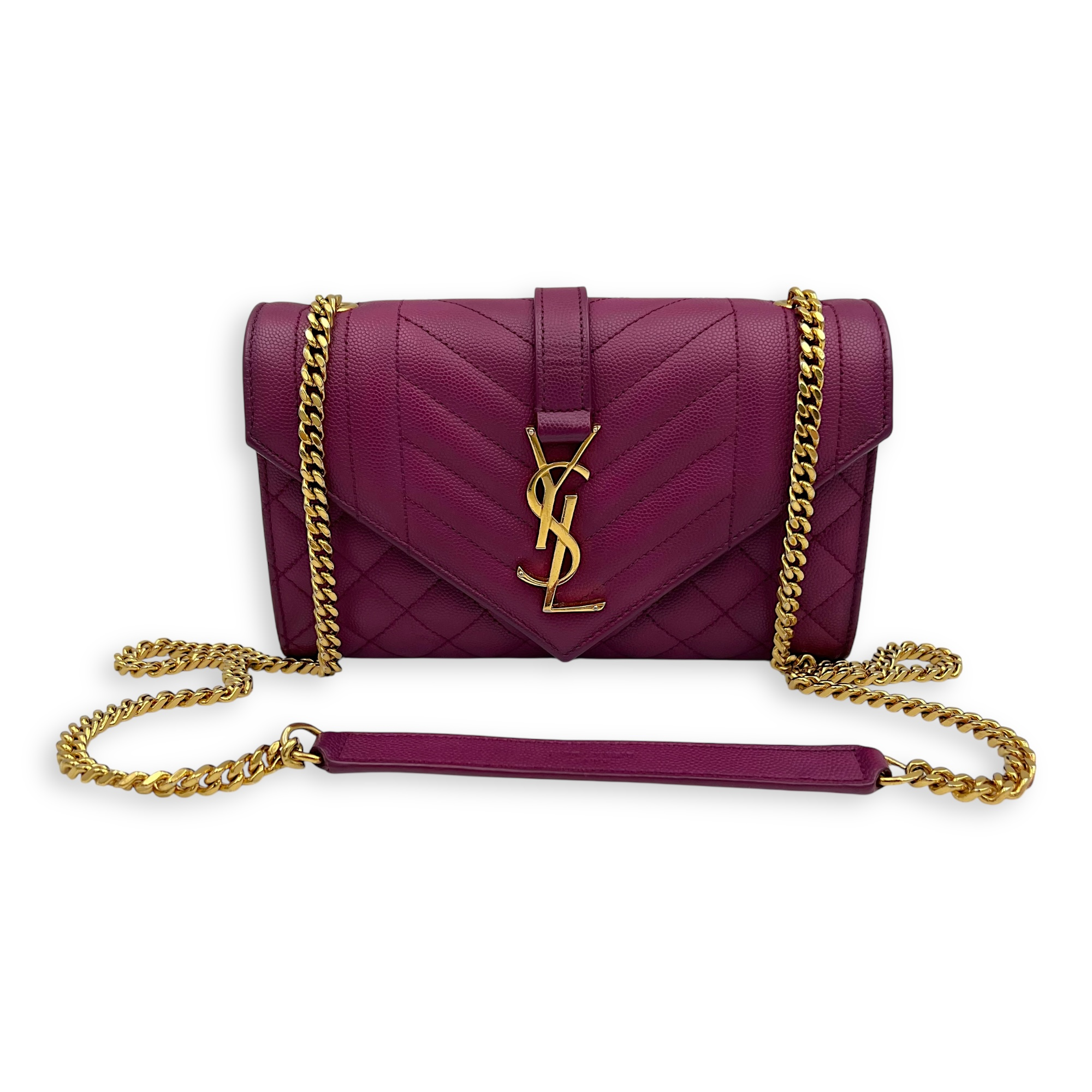 Saint Laurent Envelope Crossbody Bag Purple in Caviar Leather, Gold hardware_9