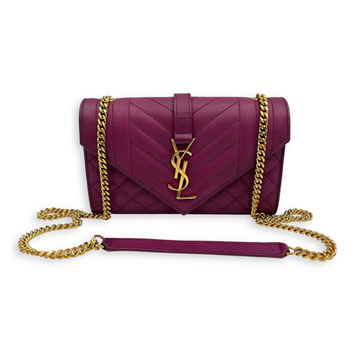 Saint Laurent Envelope Crossbody Bag Purple in Caviar Leather, Gold hardware_9