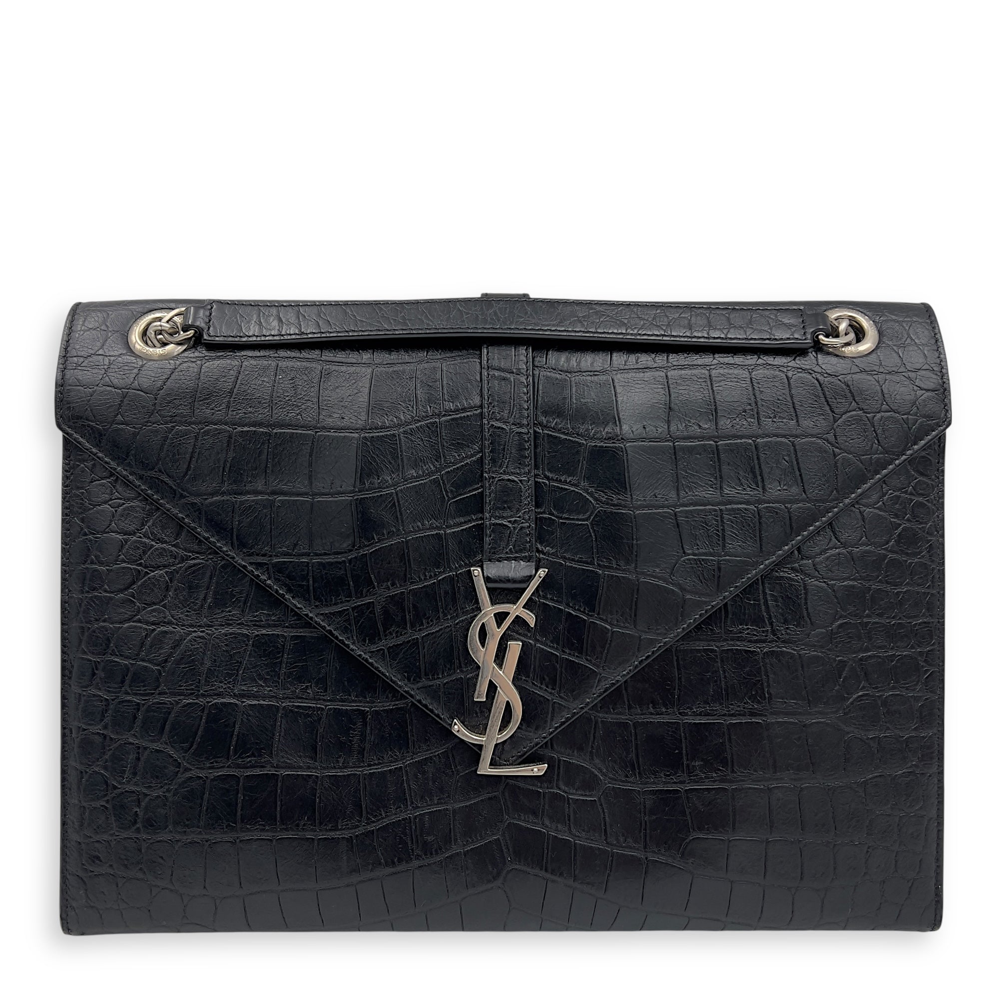 Saint Laurent Envelope Shoulder Bag Black in Crocodile Embossed Calfskin, Silver hardware_1