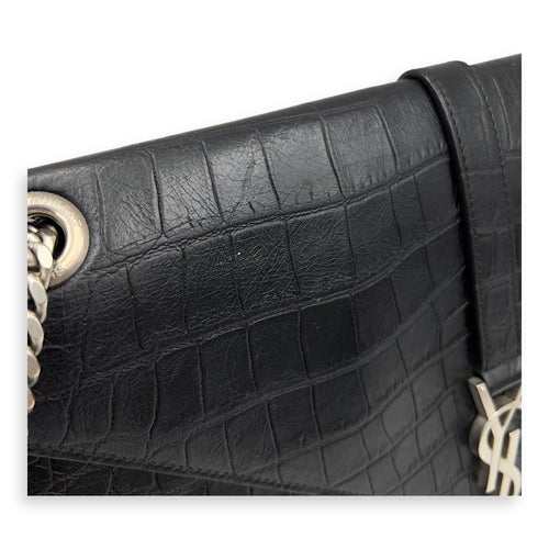 Saint Laurent Envelope Shoulder Bag Black in Crocodile Embossed Calfskin, Silver hardware_11