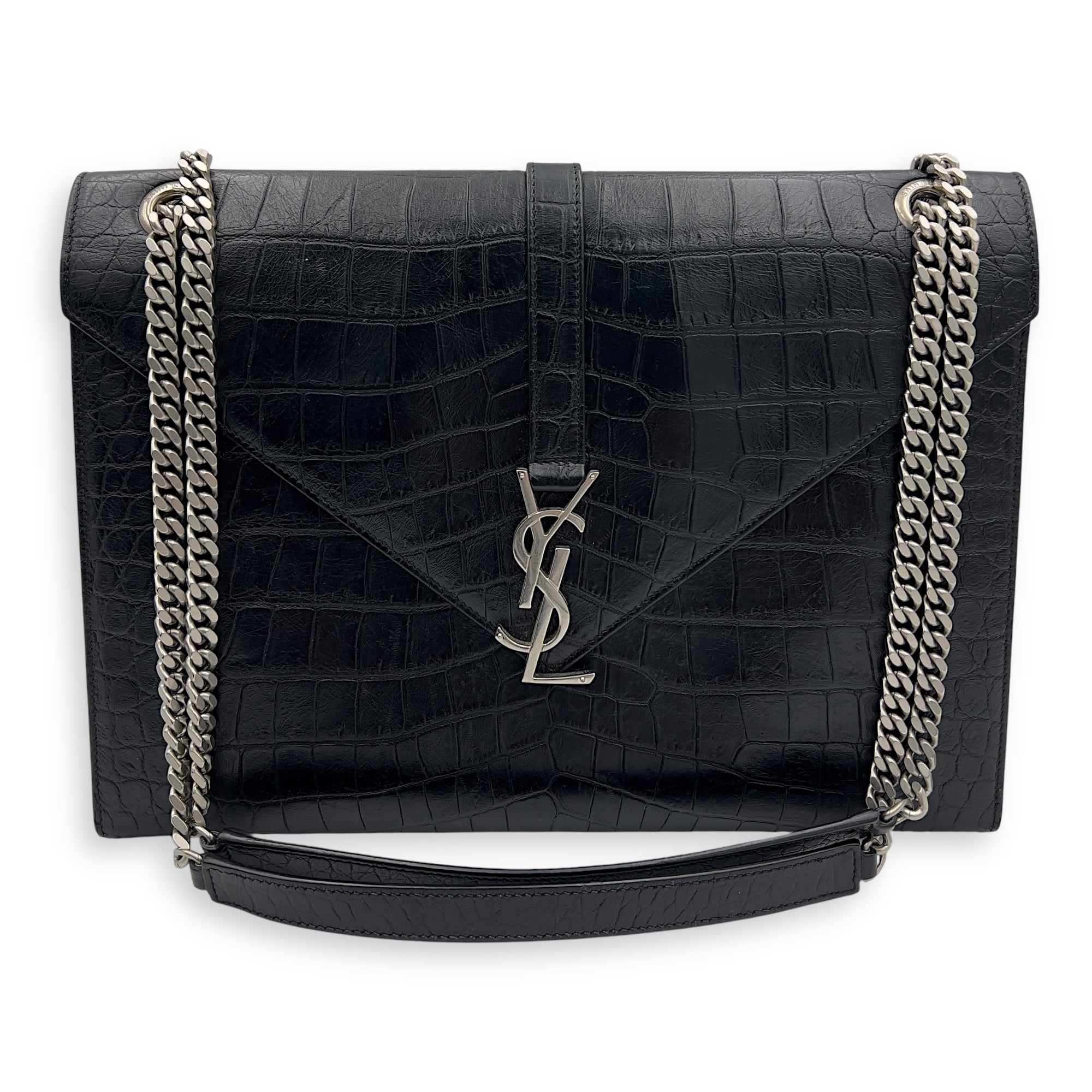 Saint Laurent Envelope Shoulder Bag Black in Crocodile Embossed Calfskin, Silver hardware_12