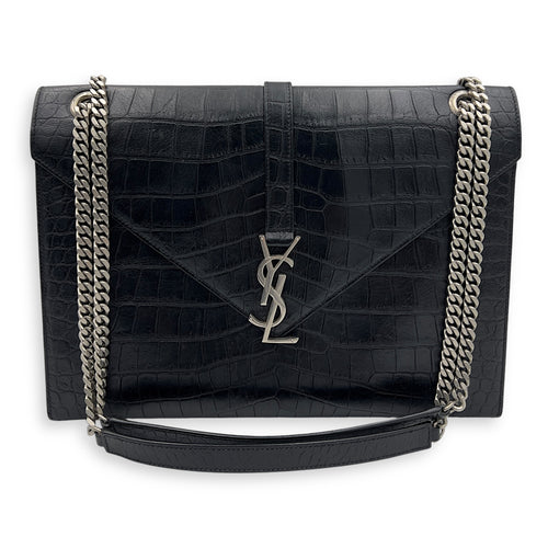 Saint Laurent Envelope Shoulder Bag Black in Crocodile Embossed Calfskin, Silver hardware_12