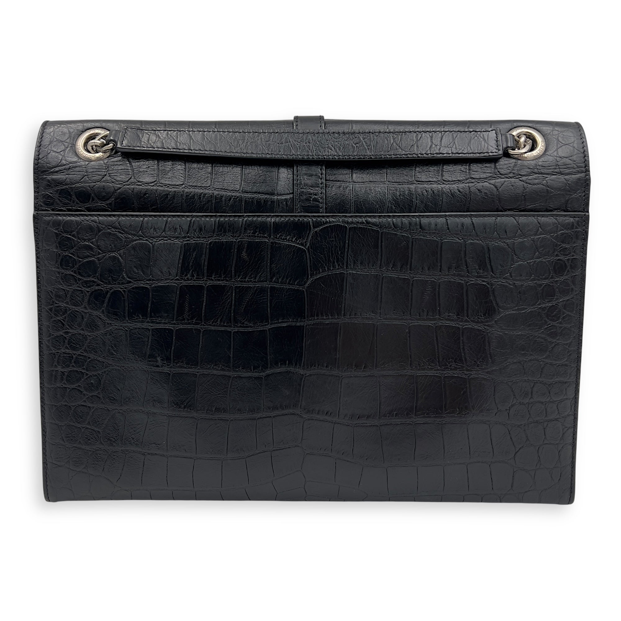 Saint Laurent Envelope Shoulder Bag Black in Crocodile Embossed Calfskin, Silver hardware_2