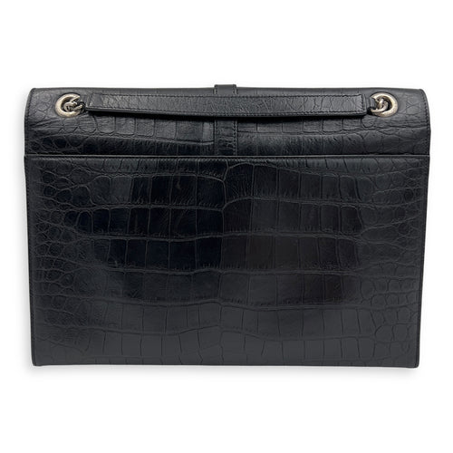 Saint Laurent Envelope Shoulder Bag Black in Crocodile Embossed Calfskin, Silver hardware_2