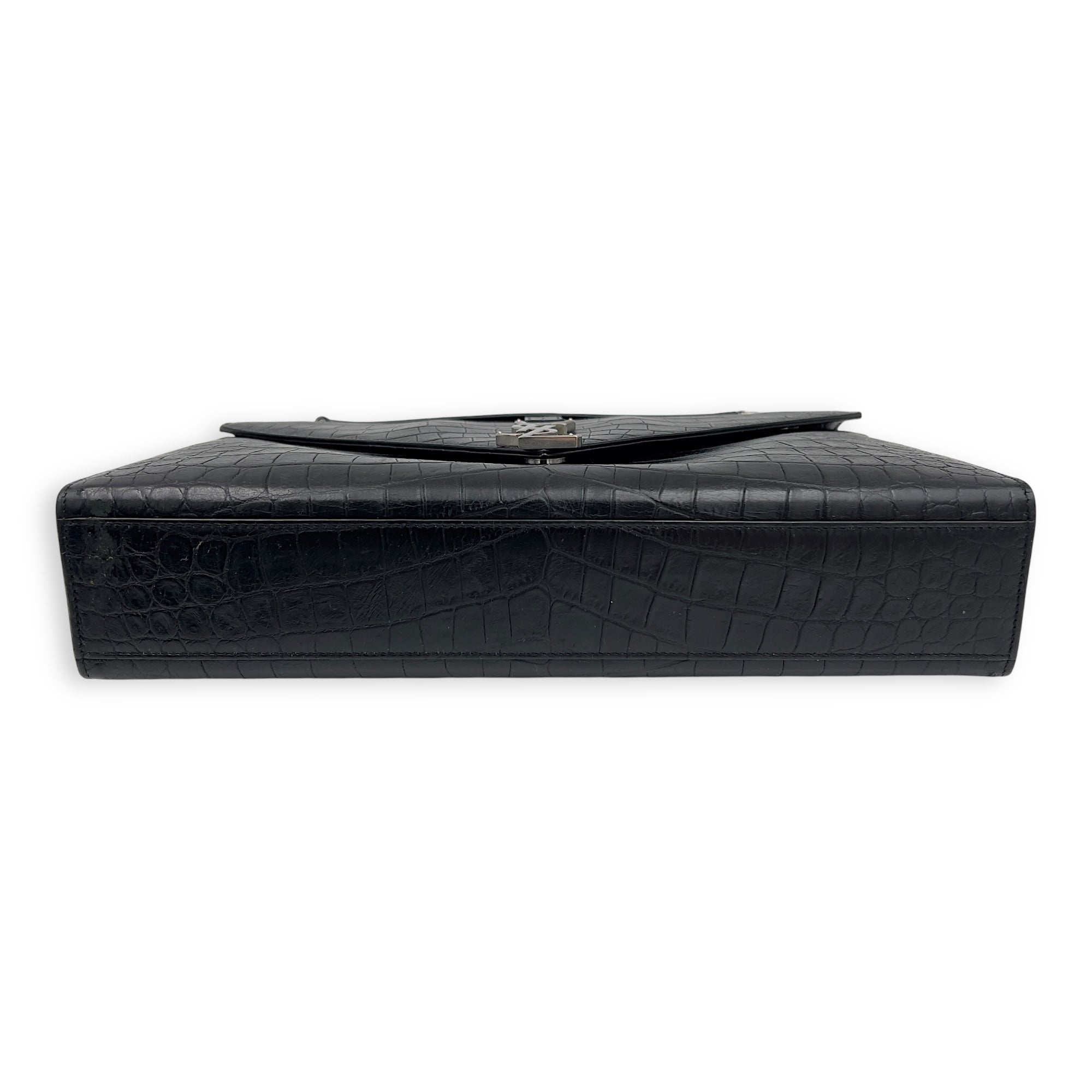 Saint Laurent Envelope Shoulder Bag Black in Crocodile Embossed Calfskin, Silver hardware_5