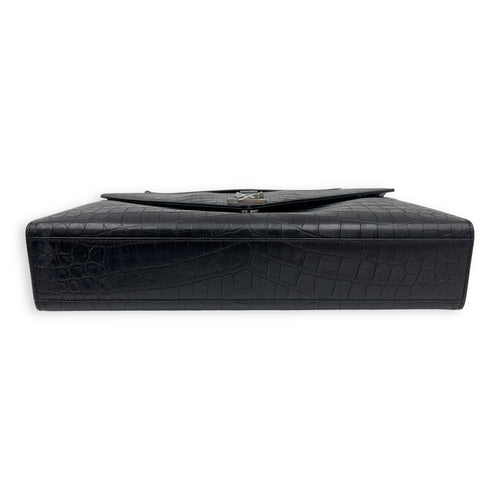 Saint Laurent Envelope Shoulder Bag Black in Crocodile Embossed Calfskin, Silver hardware_5
