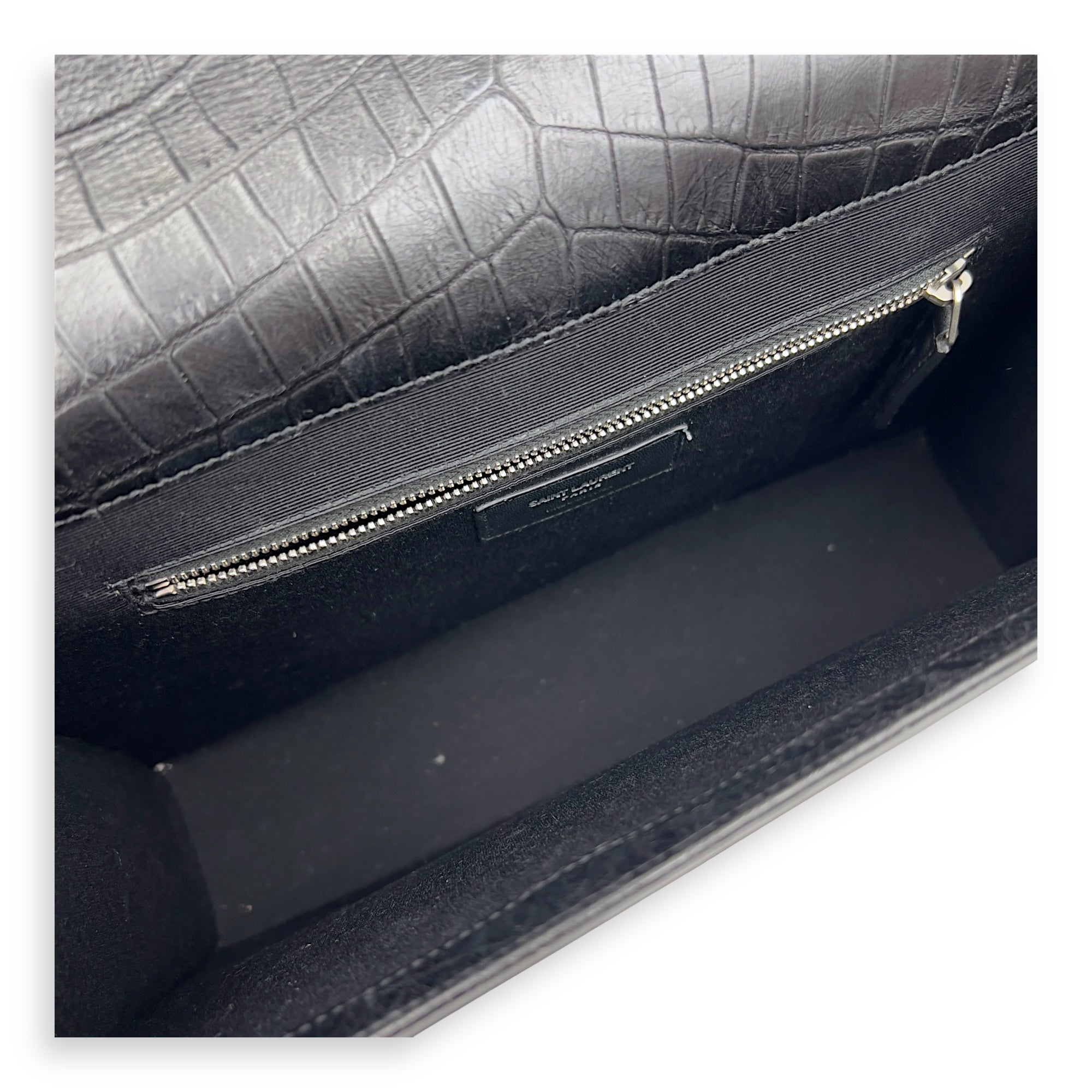 Saint Laurent Envelope Shoulder Bag Black in Crocodile Embossed Calfskin, Silver hardware_6