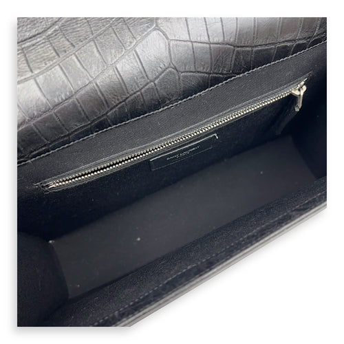 Saint Laurent Envelope Shoulder Bag Black in Crocodile Embossed Calfskin, Silver hardware_6