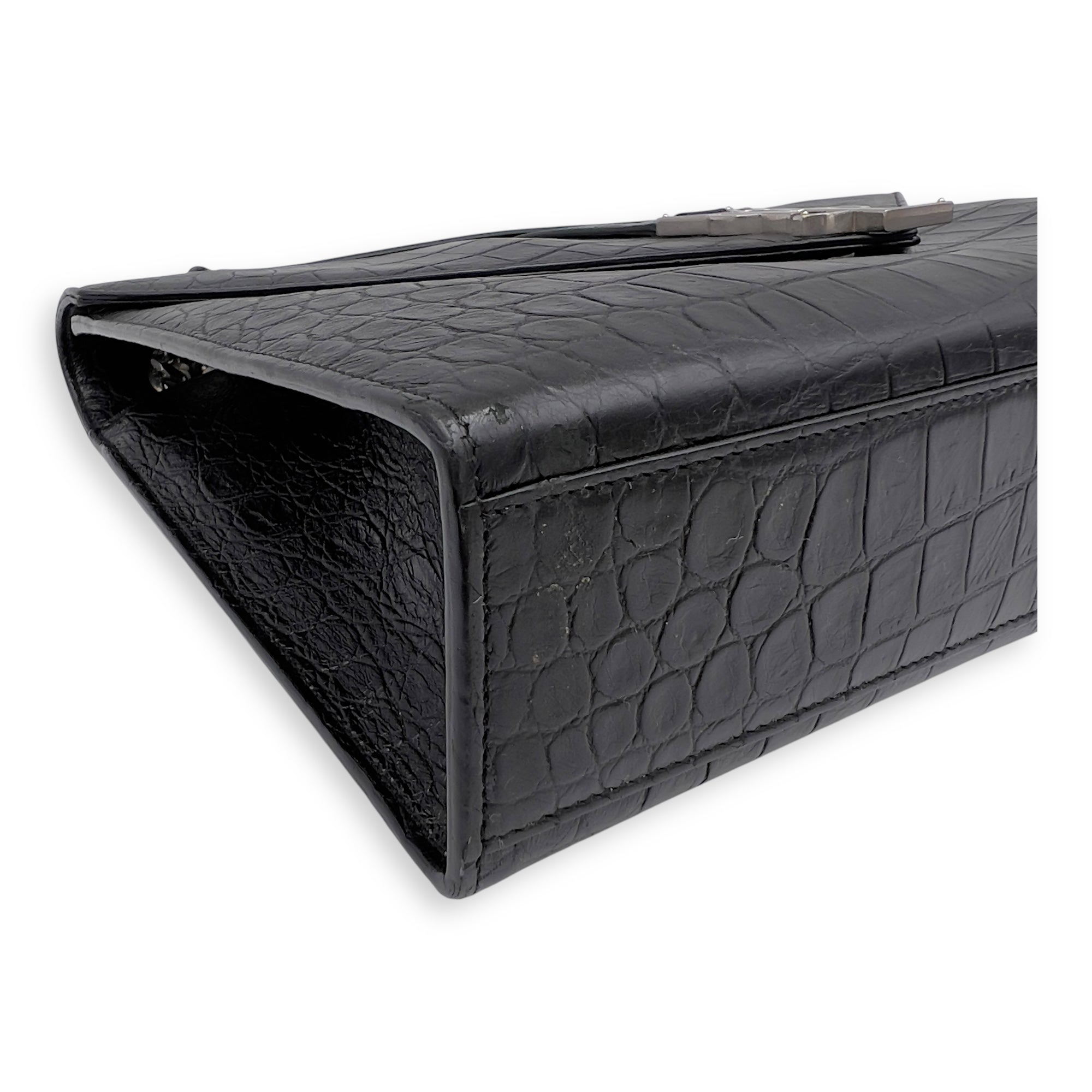 Saint Laurent Envelope Shoulder Bag Black in Crocodile Embossed Calfskin, Silver hardware_7