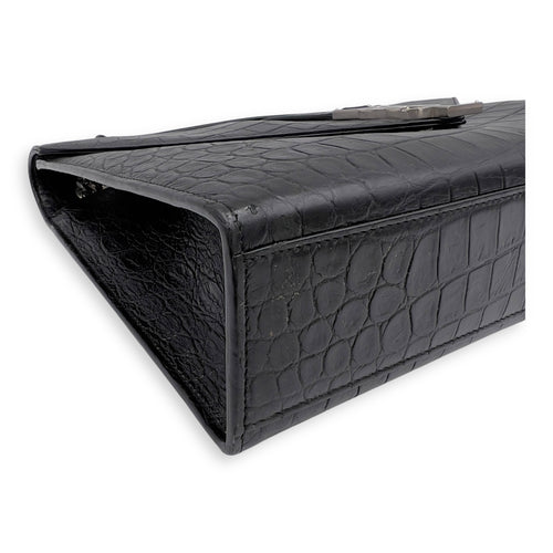Saint Laurent Envelope Shoulder Bag Black in Crocodile Embossed Calfskin, Silver hardware_7