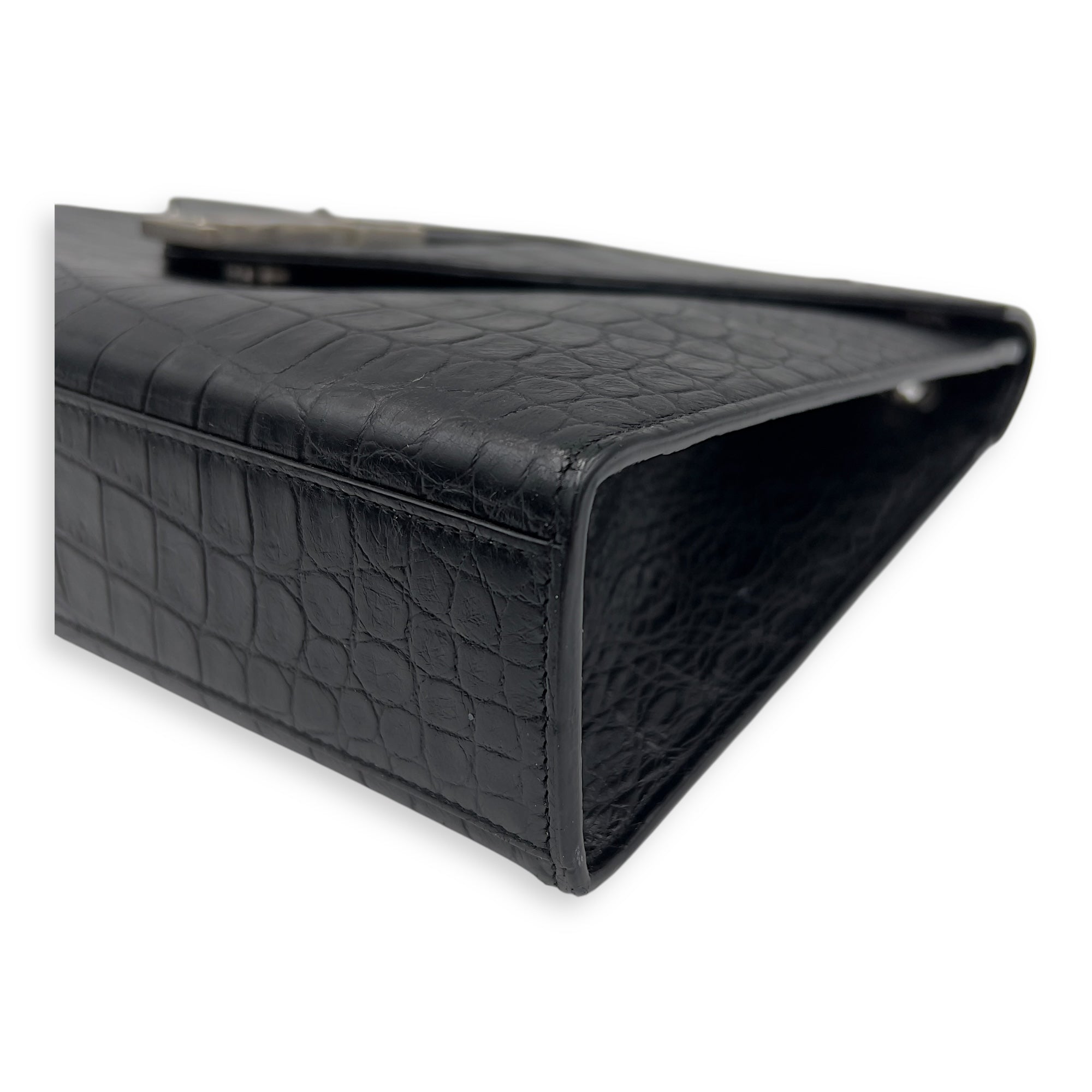 Saint Laurent Envelope Shoulder Bag Black in Crocodile Embossed Calfskin, Silver hardware_8