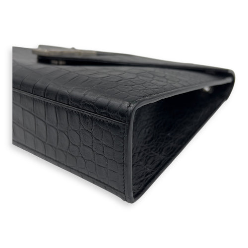 Saint Laurent Envelope Shoulder Bag Black in Crocodile Embossed Calfskin, Silver hardware_8