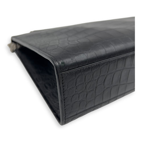 Saint Laurent Envelope Shoulder Bag Black in Crocodile Embossed Calfskin, Silver hardware_9