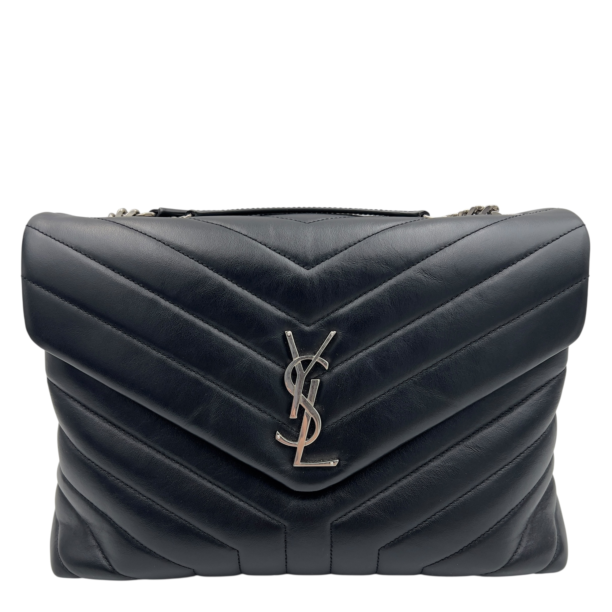Saint Laurent Loulou Shoulder Bag Medium Black in Calfskin, Silver hardware_1