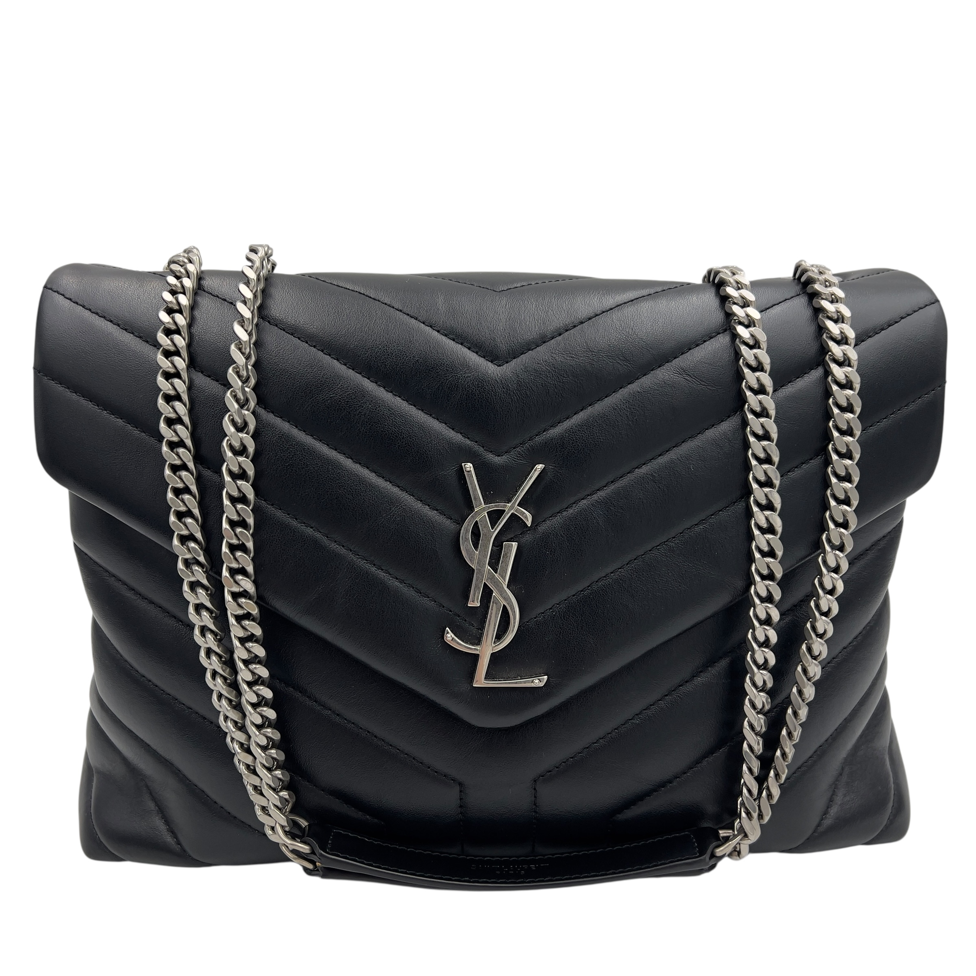 Saint Laurent Loulou Shoulder Bag Medium Black in Calfskin, Silver hardware_9