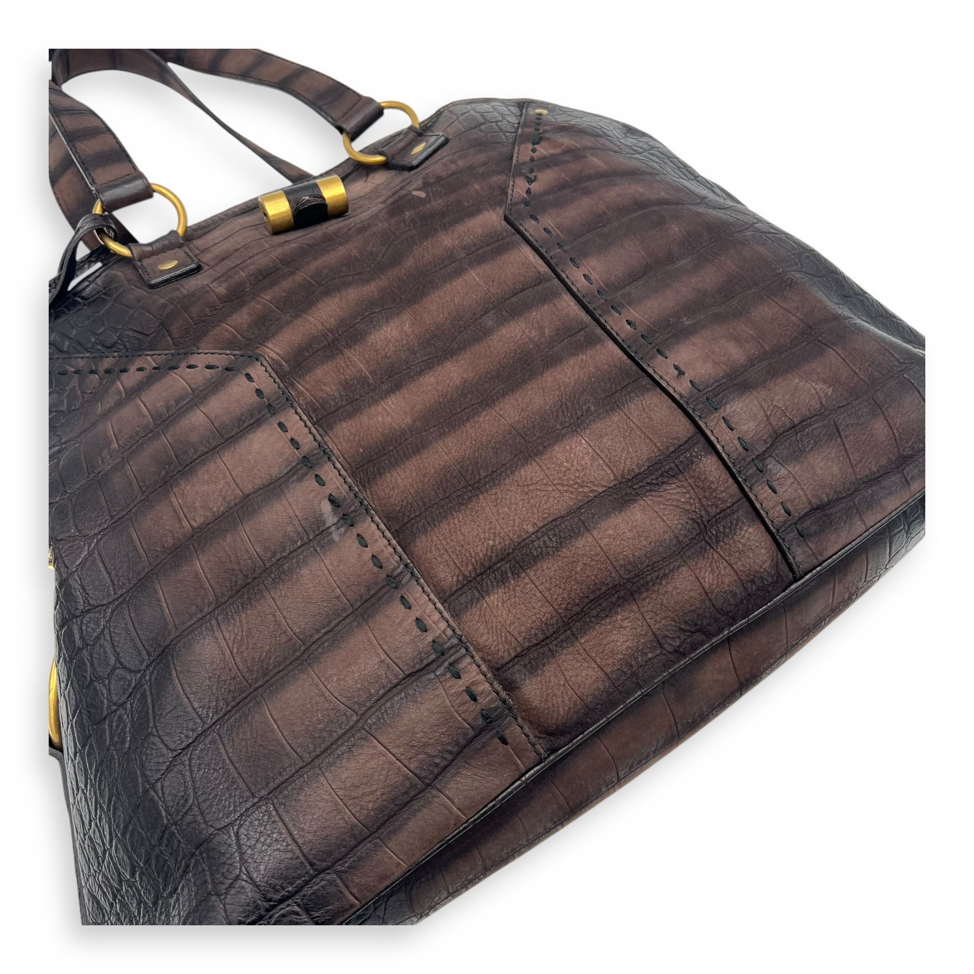 Saint Laurent Muse Top Handle Bag Large Brown in Calfskin, Gold hardware_14