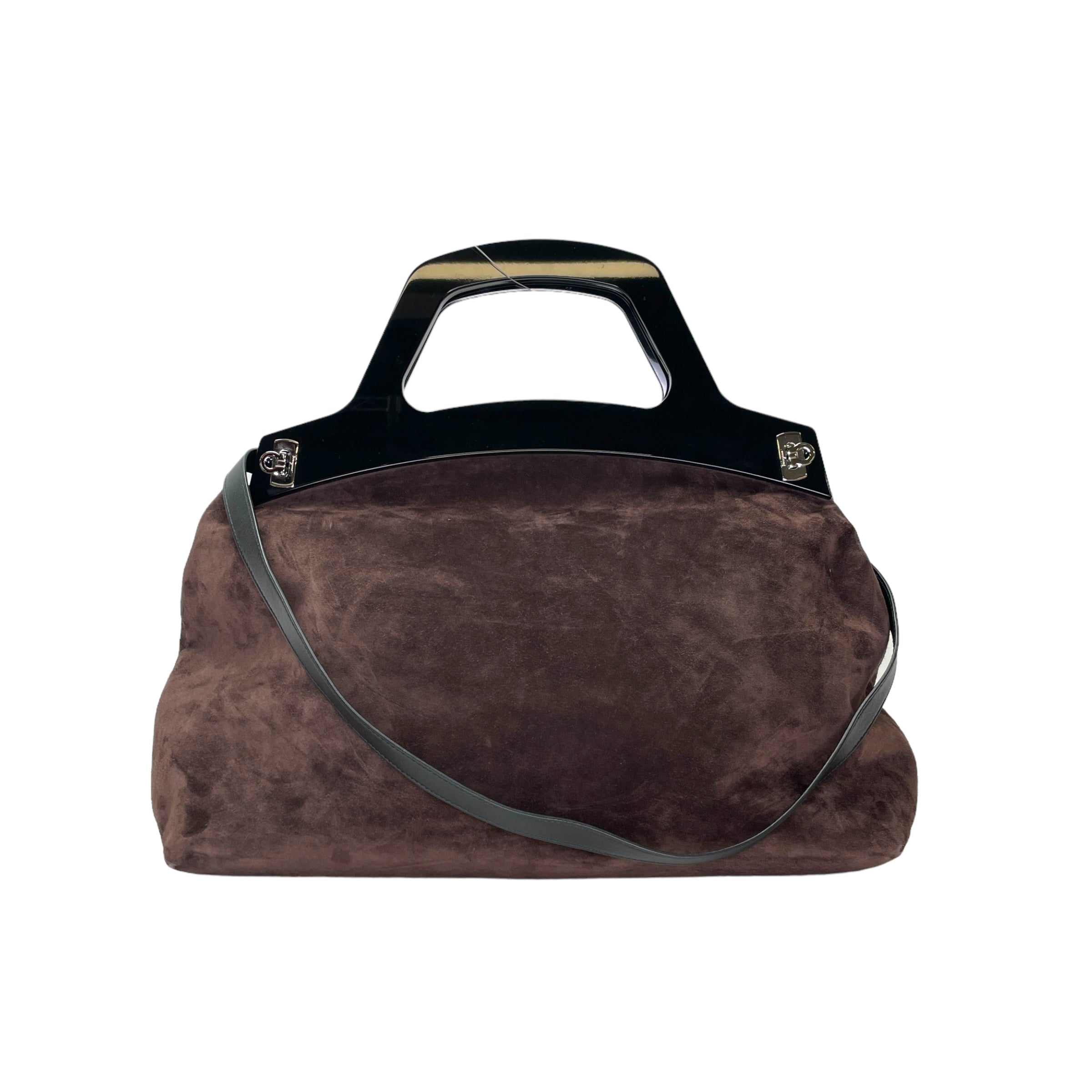 Salvatore Ferragamo Gancini Two Way Brown Top Handle Bag in Suede Leather Silver hardware Singapore