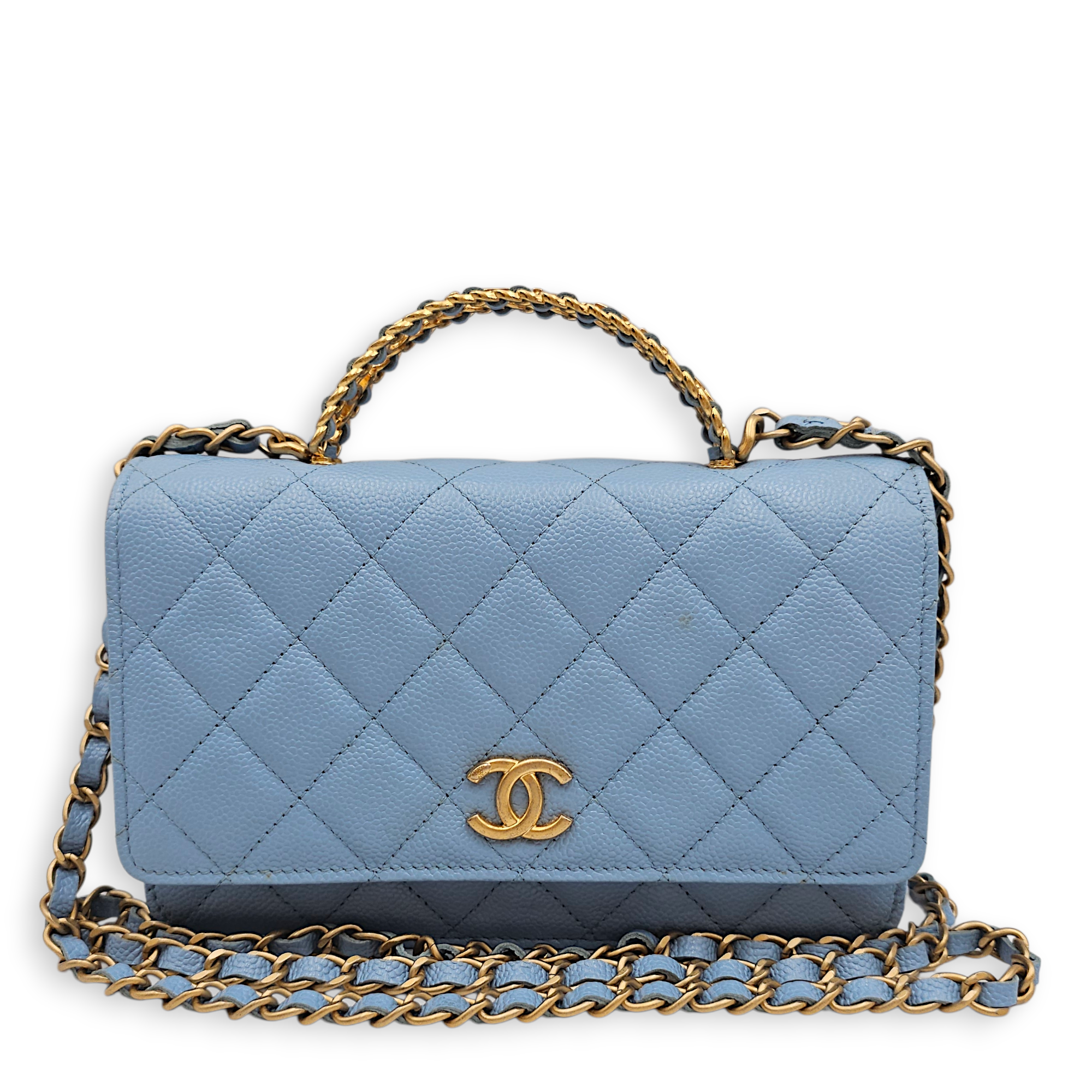 Quilted Top Handle Baby Blue Wallet on Chain in Caviar Leather, Gold hardware