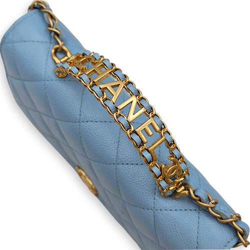 Quilted Top Handle Baby Blue Wallet on Chain in Caviar Leather, Gold hardware