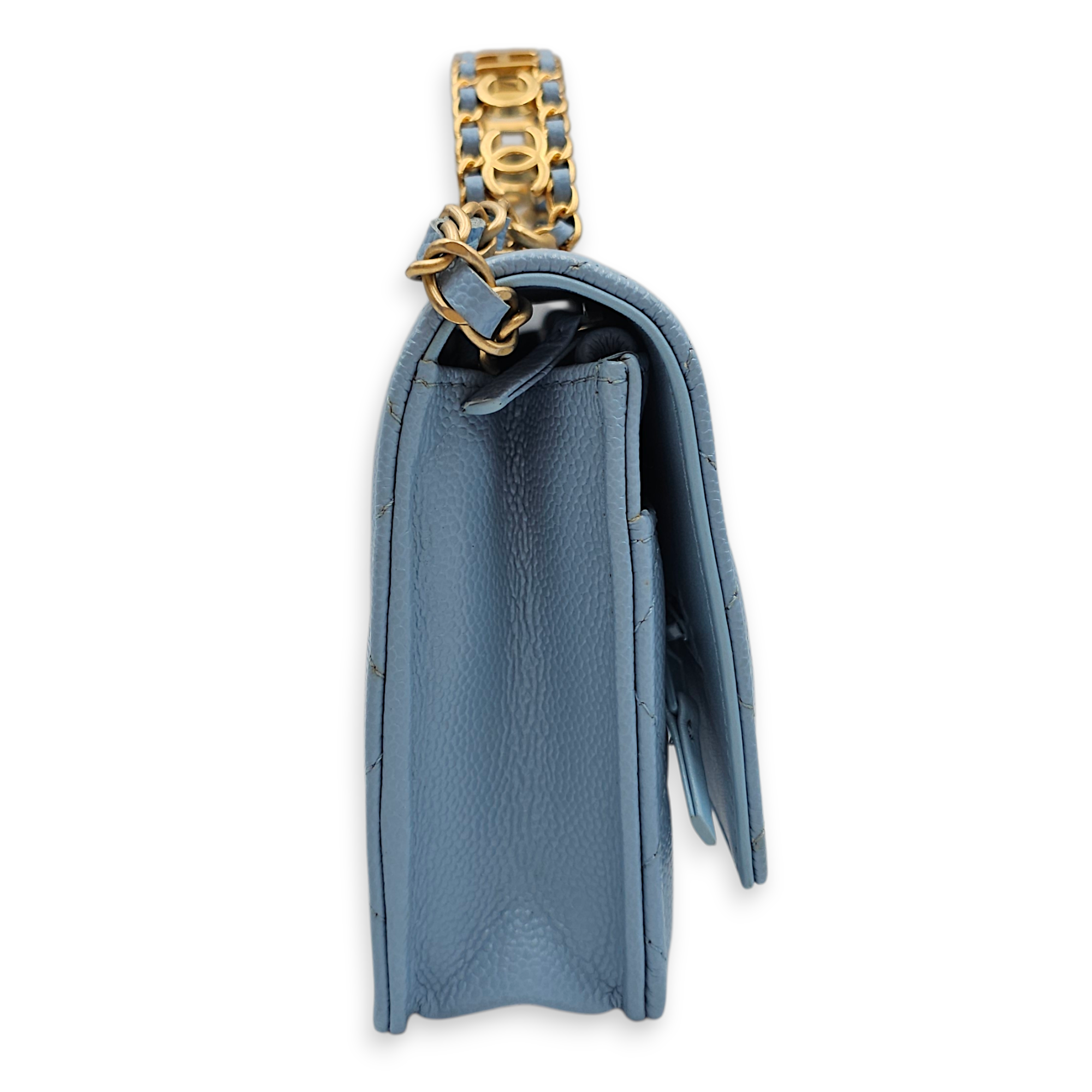 Quilted Top Handle Baby Blue Wallet on Chain in Caviar Leather, Gold hardware
