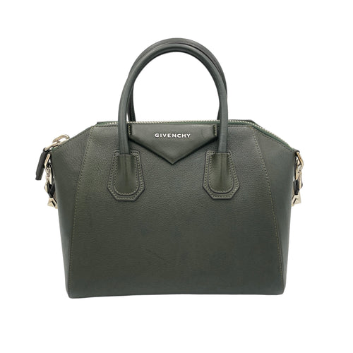 Antigona Medium Green Top Handle Bag in Goat Leather, Silver hardware