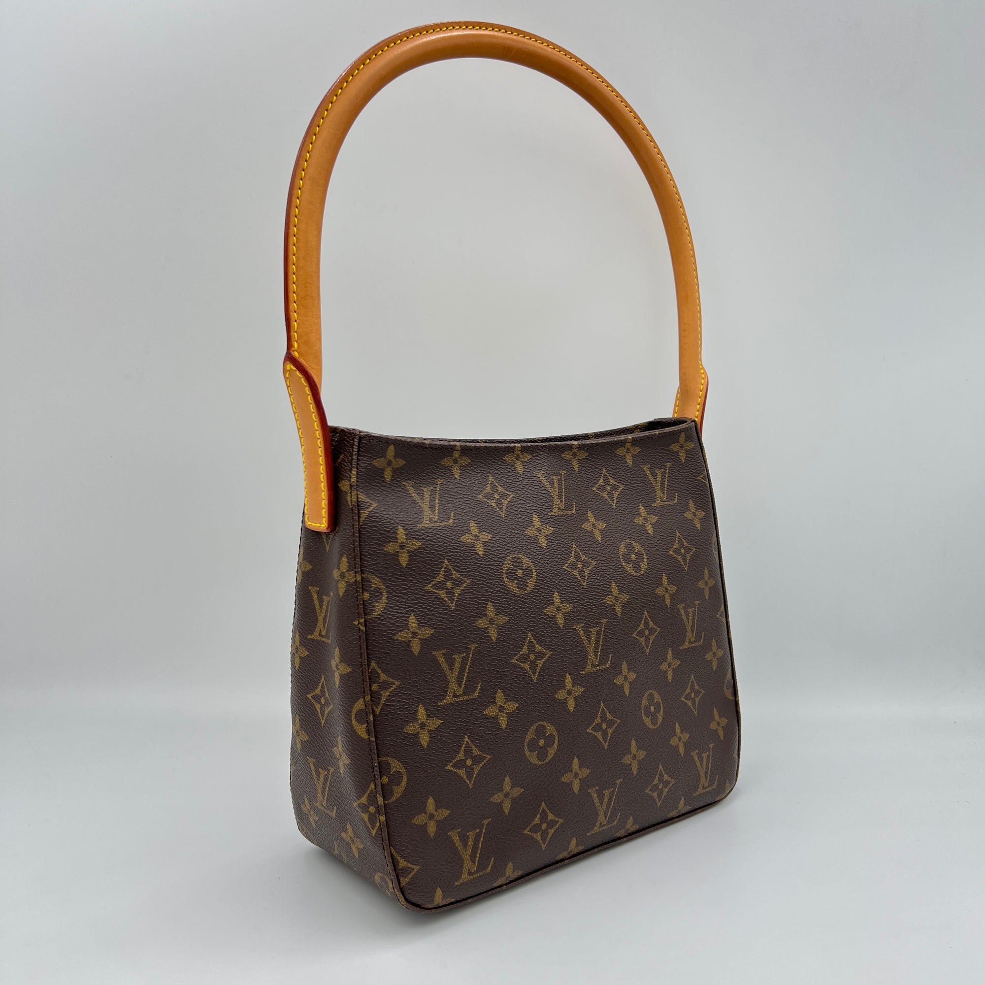 Looping MM Brown Shoulder Bag in Monogram Coated Canvas, Gold hardware