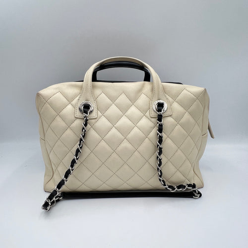 Quilted Feather Weight Bowling Black Top Handle Bag in Calfskin, Silver hardware