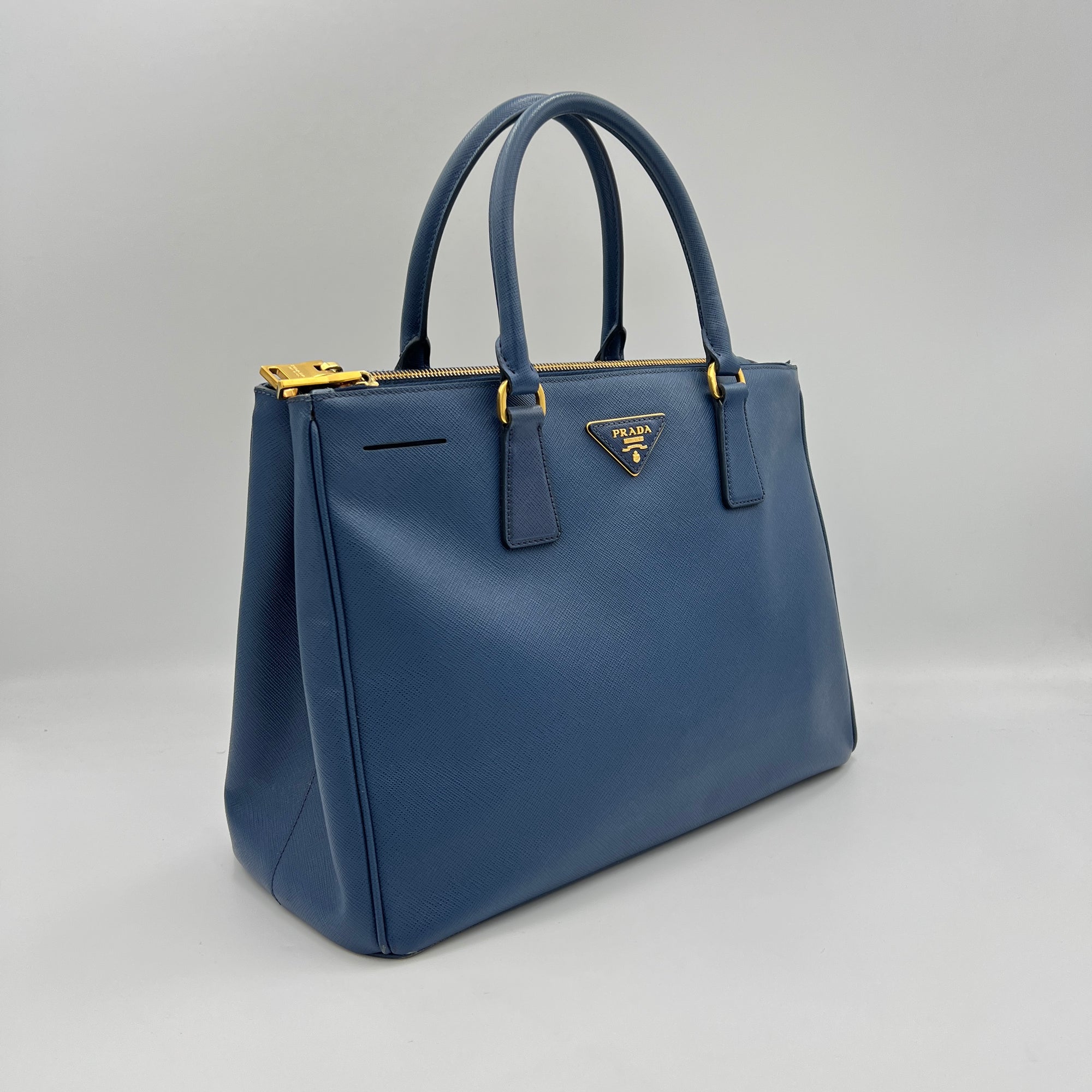 Galleria Large Blue Top Handle Bag in Saffiano Leather, Gold hardware