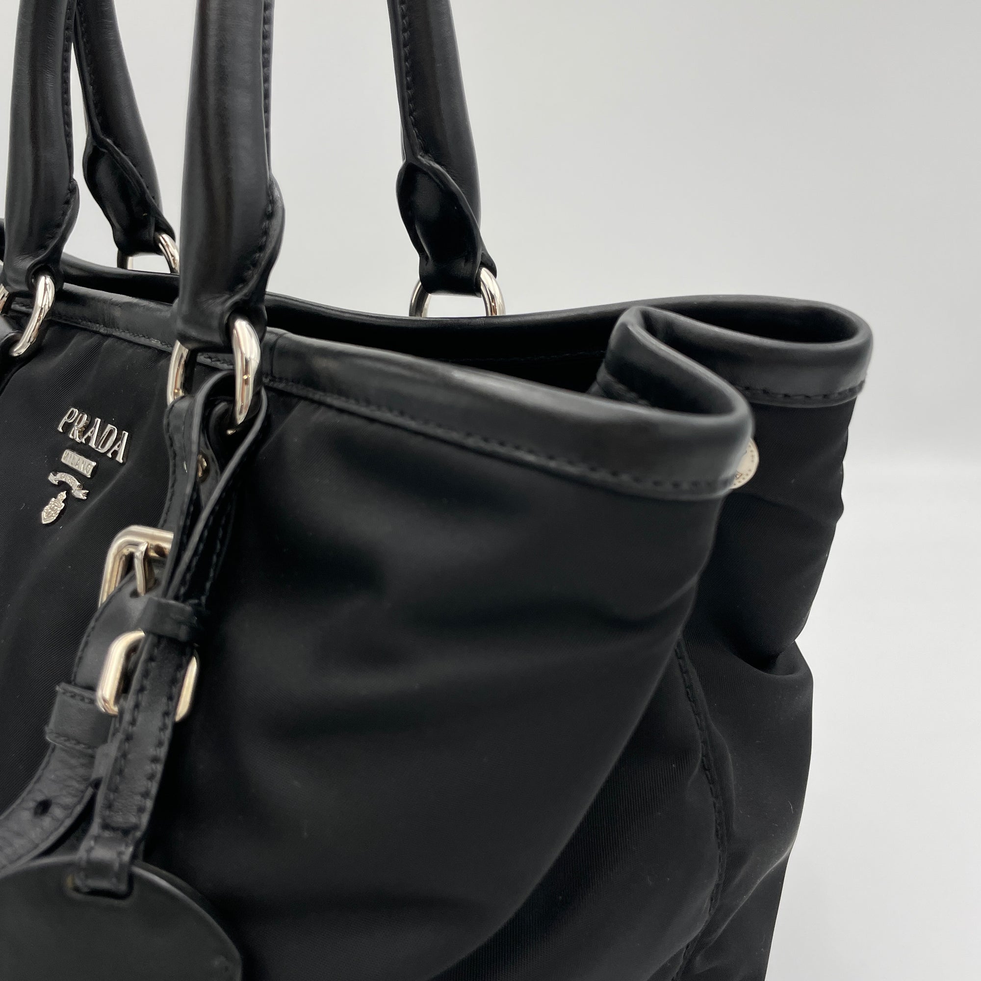 Two-Way Black Top Handle Bag in Nylon, Silver hardware