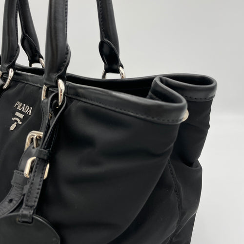 Two-Way Black Top Handle Bag in Nylon, Silver hardware