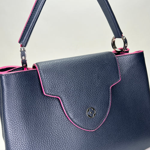 Capucines MM Navy Top Handle Bag in Clemence Taurillon Leather, Silver hardware