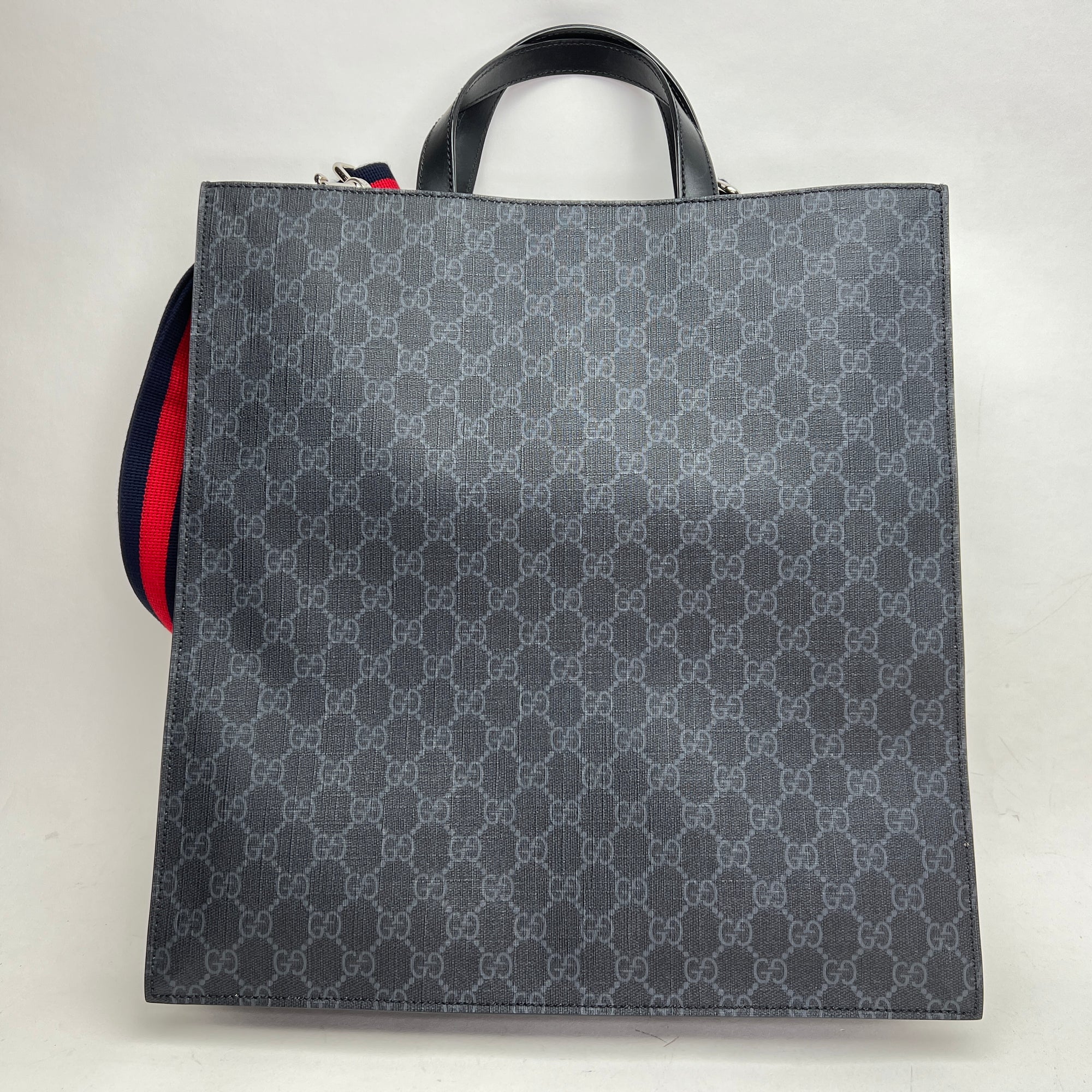 GG Supreme Monogram Appia Black Tote Bag in Monogram Coated Canvas, Silver hardware