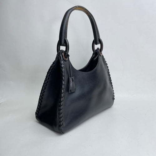 Whipstitch Wooden Handle Hobo Black Shoulder Bag in Calfskin, Lacquered Metal hardware