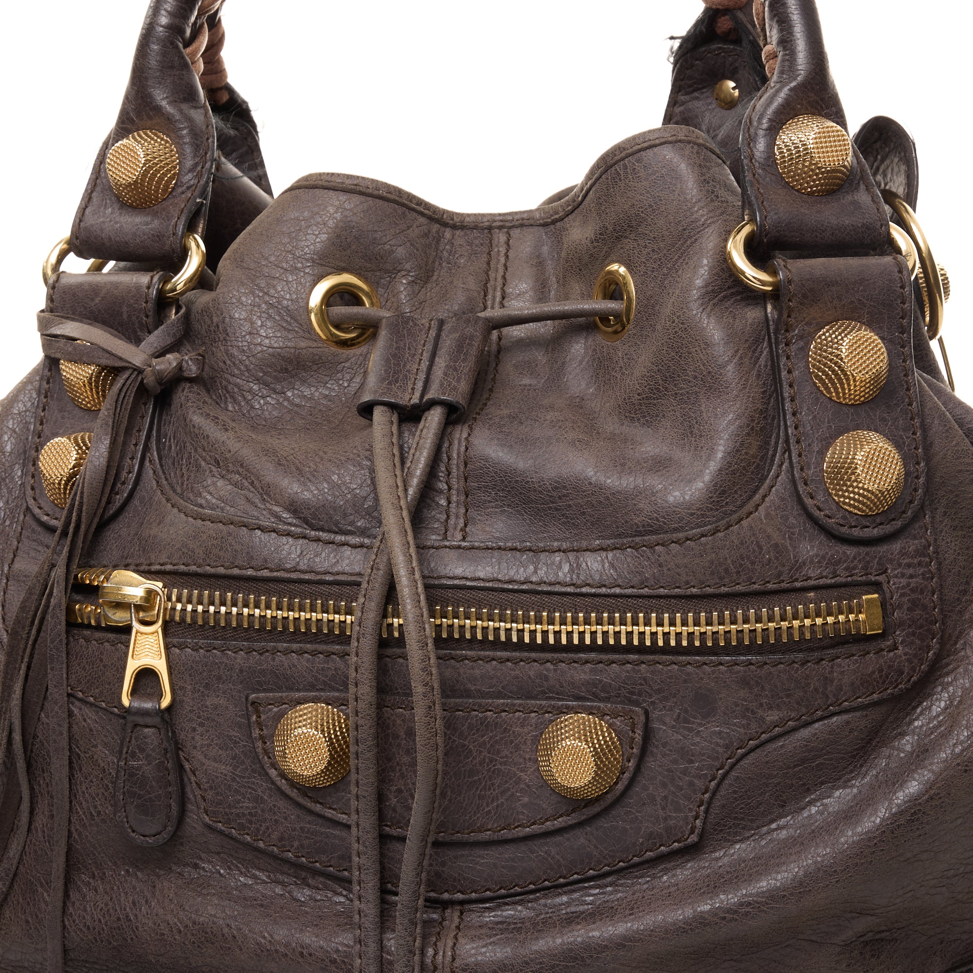 PomPon Large Brown Top Handle Bag in Lambskin, Gold hardware