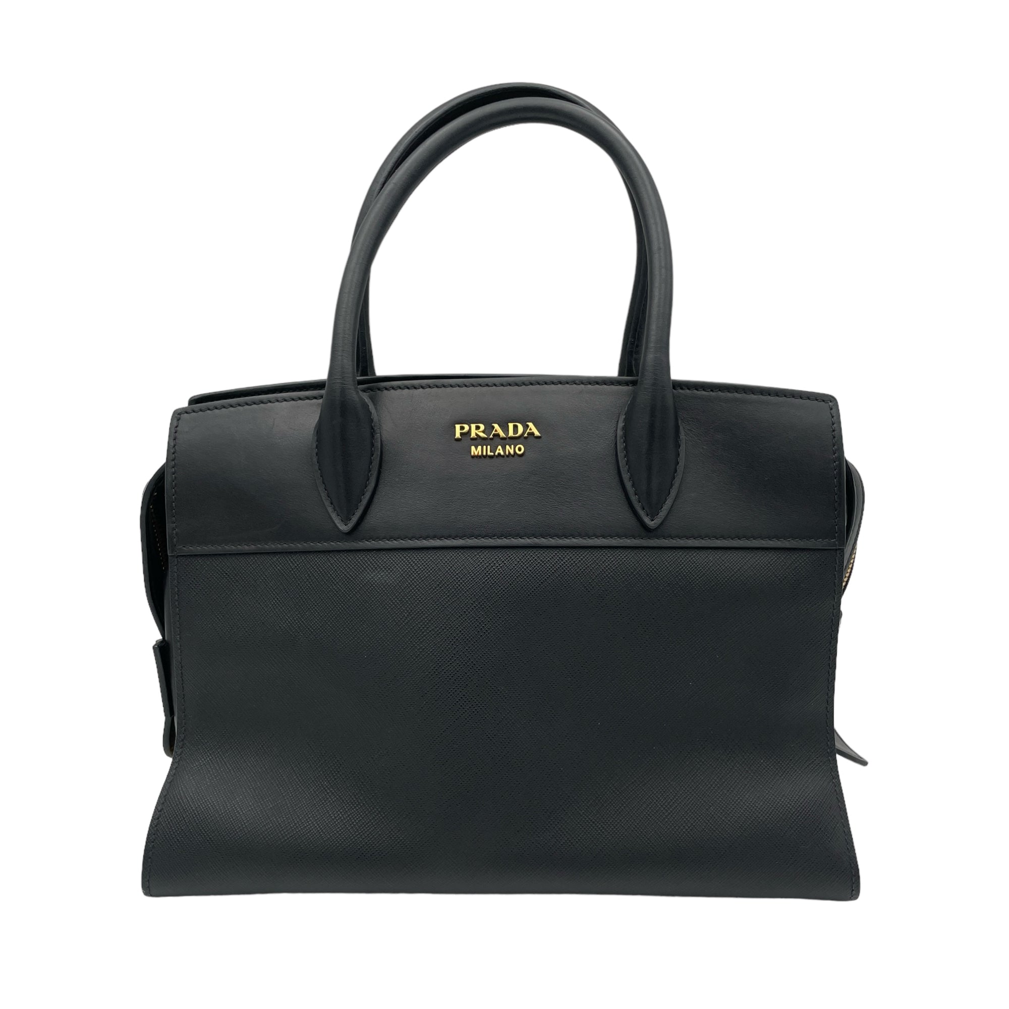 Esplanade Black Top Handle Bag in Saffiano Leather, Gold hardware