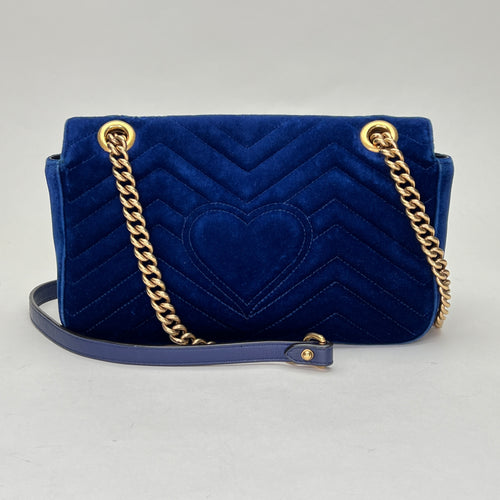 Marmont Small Blue Shoulder Bag in Velvet, Gold hardware