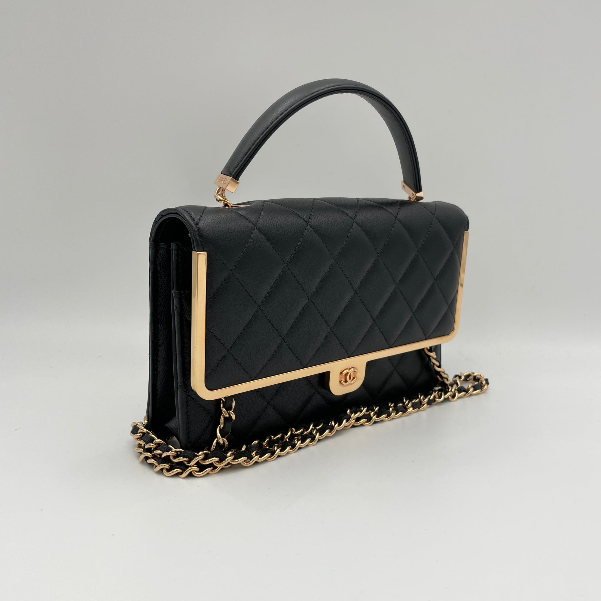 Quilted Frame Black Wallet on Chain in Lambskin, Gold hardware