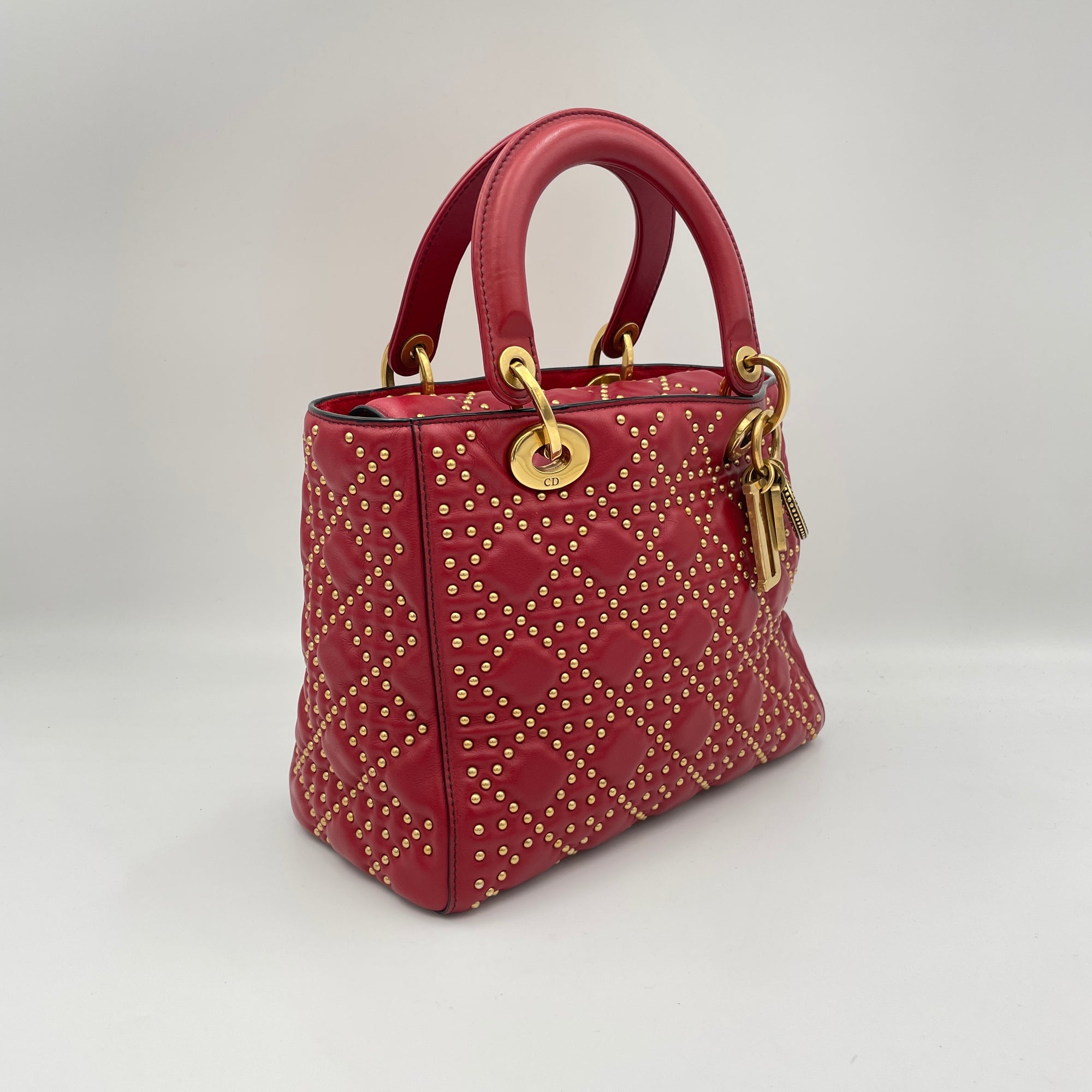 Lady Dior Medium Red Top Handle Bag in Lambskin, Gold hardware