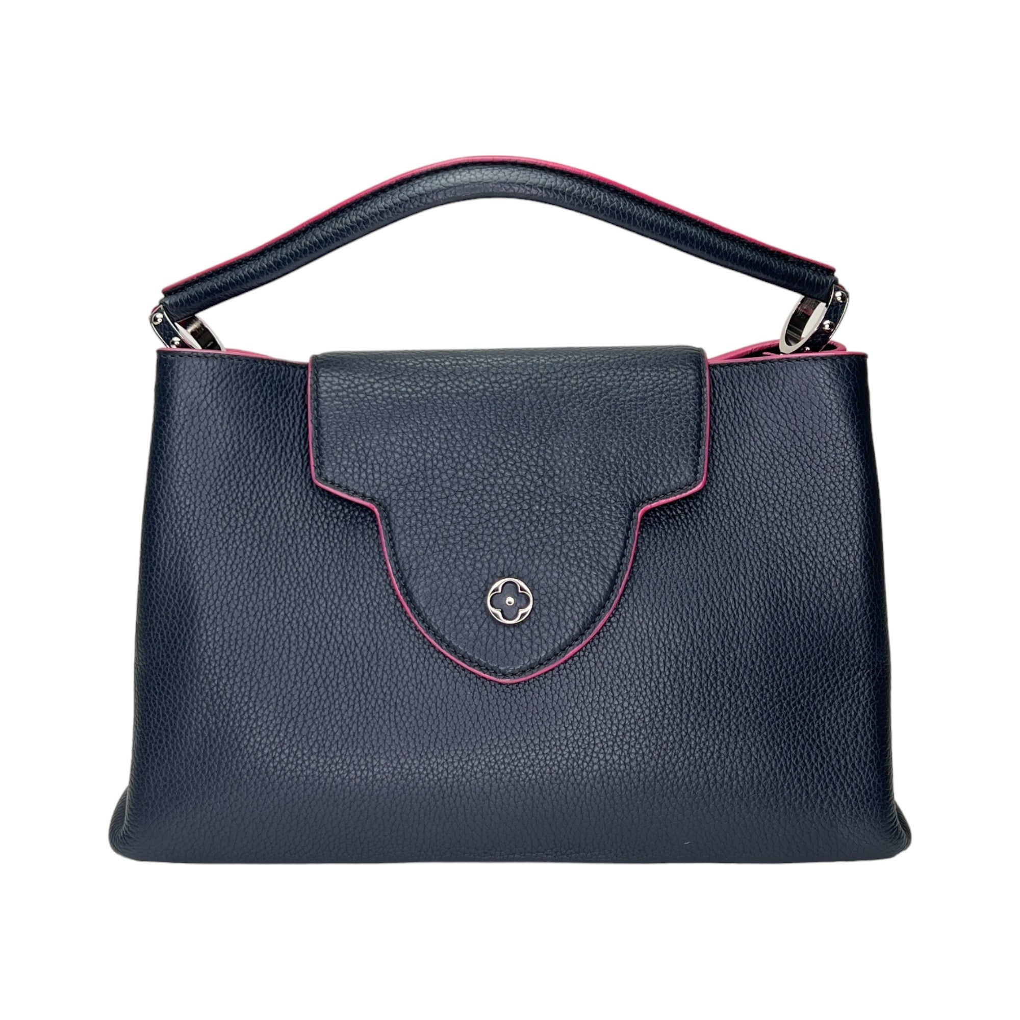 Capucines MM Navy Top Handle Bag in Clemence Taurillon Leather, Silver hardware