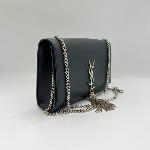 Kate Tassel Medium Navy Crossbody Bag in Calfskin, Silver hardware