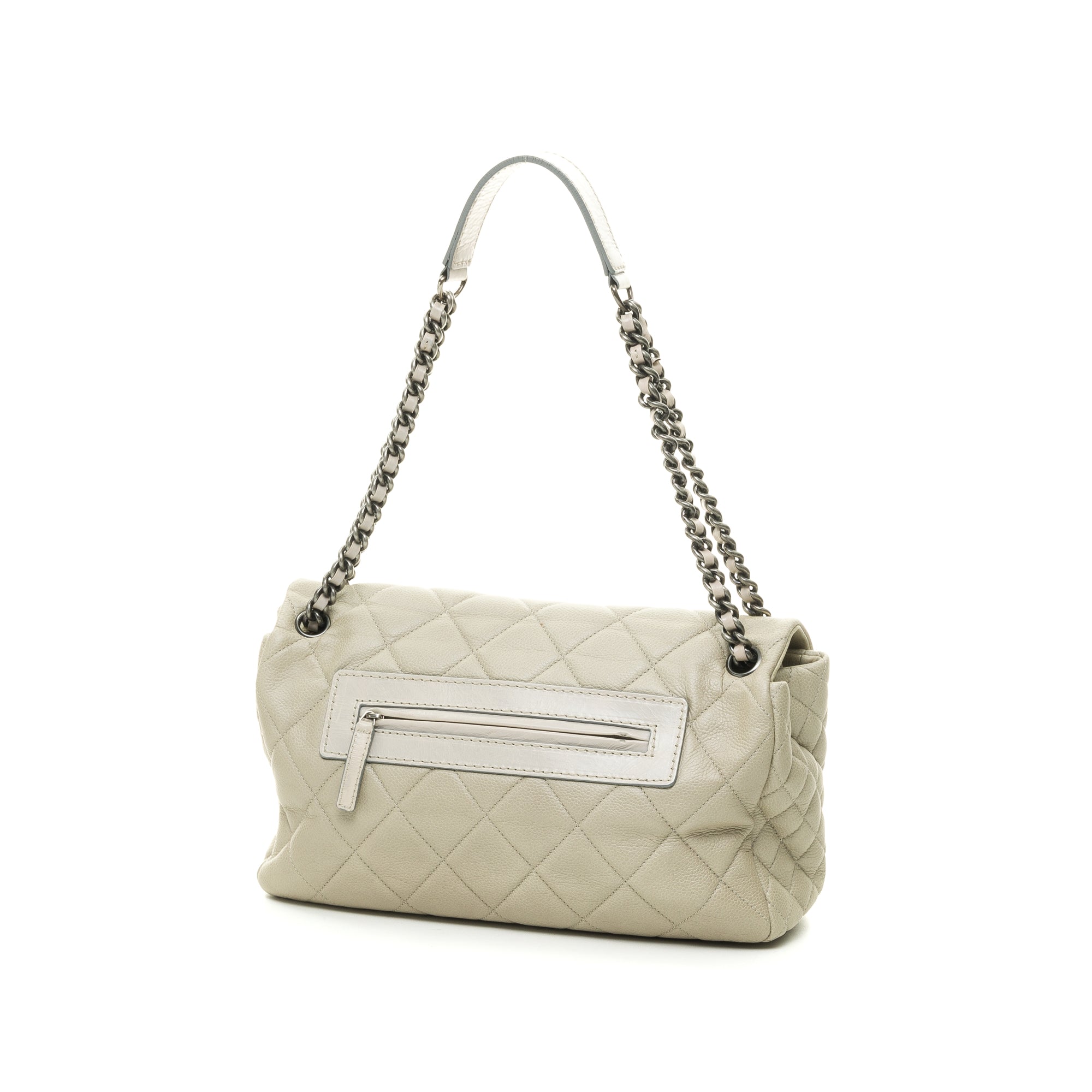 Vintage Quilted Easy Flap Jumbo Cream Shoulder Bag in Caviar Leather, Silver hardware